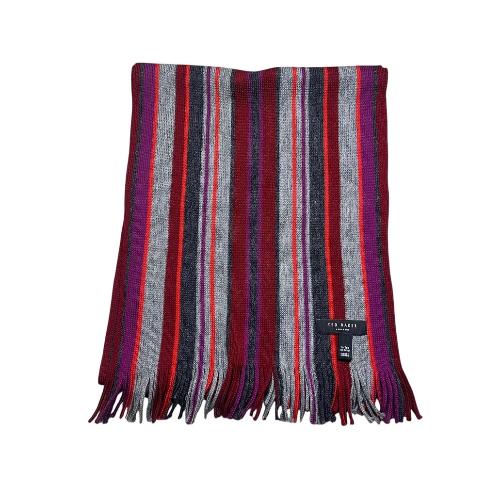 Ted Baker London Mens Striped Knit Scarf Grey Burgundy Purple Orange Fringe